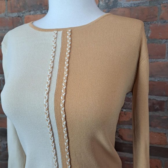 VTG Pullover Sweater Tan Ivory Color Block Rope Trim 3/4 Sleeves Lightwt Sz S - Picture 2 of 6